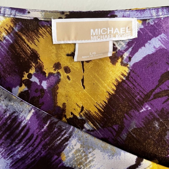 Michael Michael Kors Purple Gold Abstract Brushstroke Draped Cap Sleeve Blouse L - Picture 3 of 11